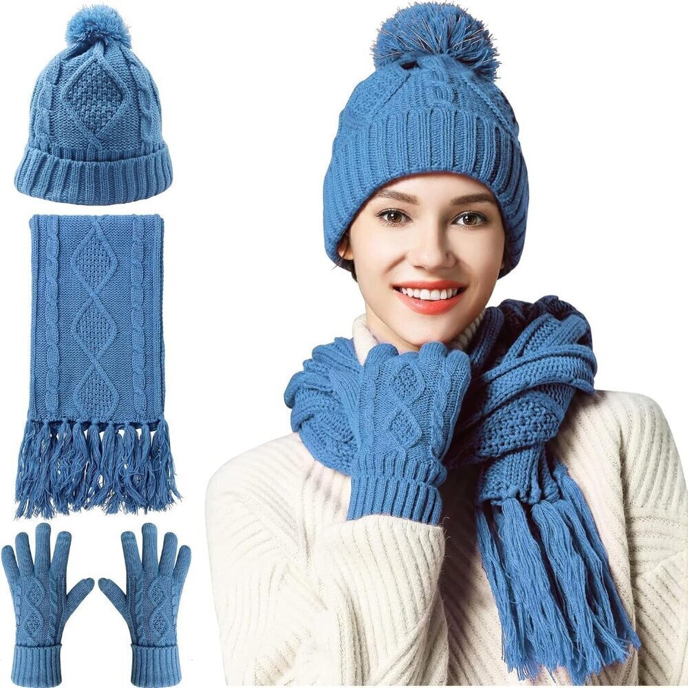 Hat Gloves Scarf Set Women Winter Knit Beanie Hat+Touchscreen Gloves+Long Scarve